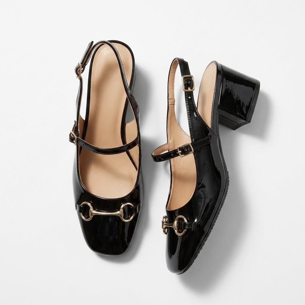 A New Day Patent Horsebit Mary Jane Pump Black Slingback Block Heel Womens 8